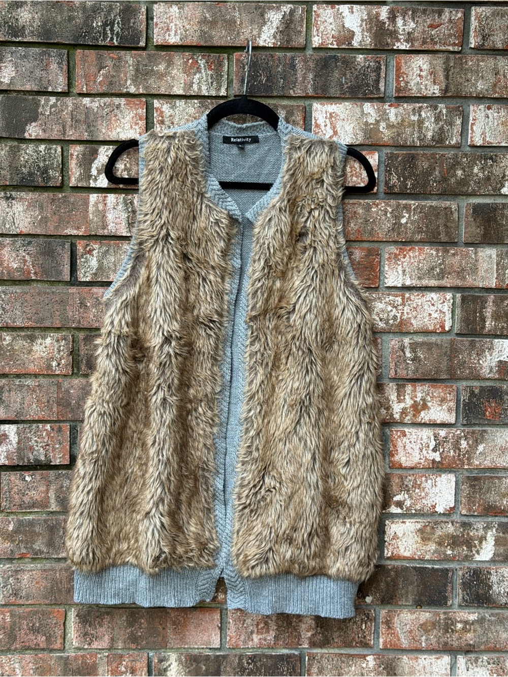 Relativity Taupe Faux Fur Knit-Trim Vest